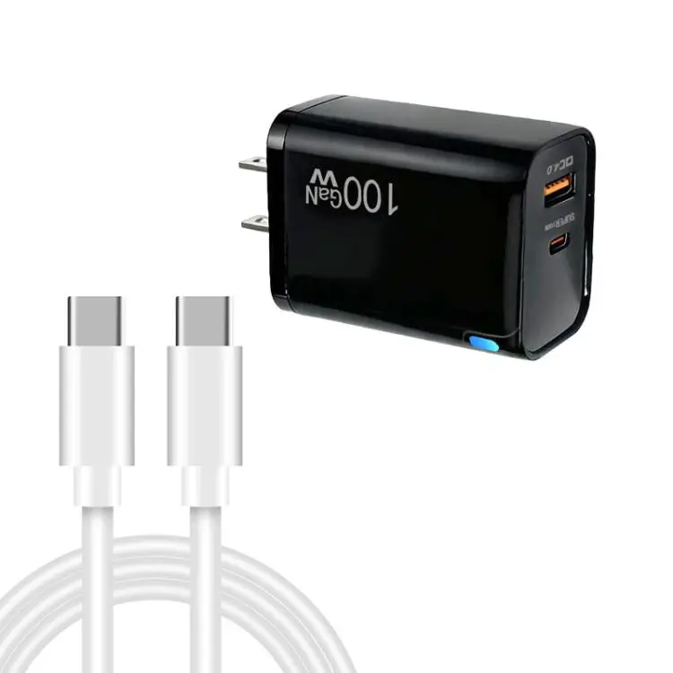 PD47 GaN 100W PD Type-C + QC3.0 USB Charger with Type-C to Type-C Data Cable, US Plug(Black)