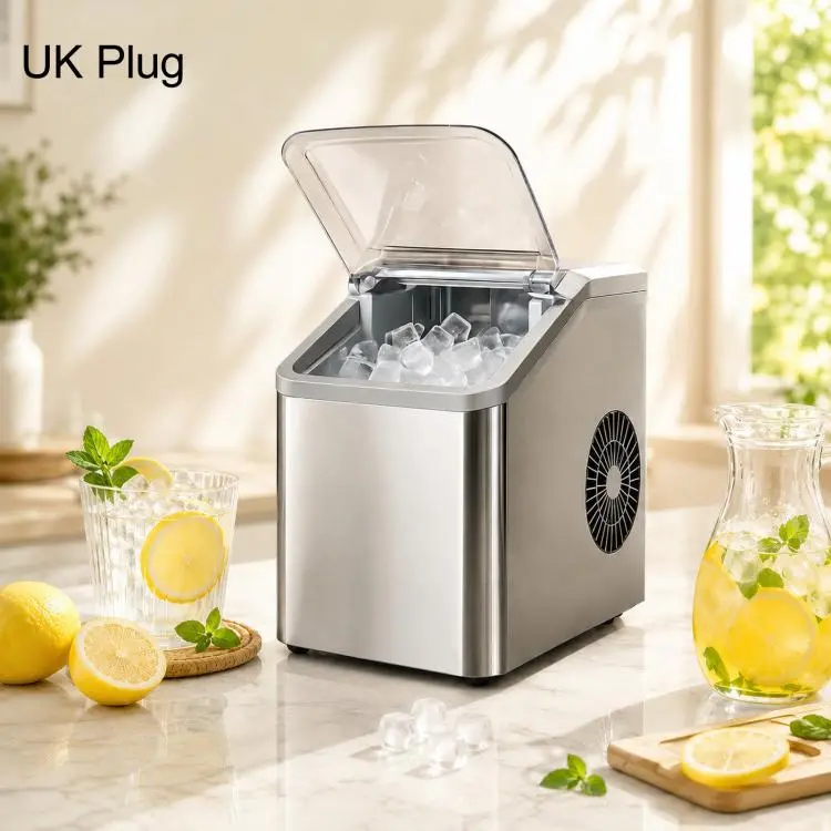 Portable Ice Maker Countertop 9 Cubes In 6-8 Mins Compact Ice Machine For RV Home UK Plug 220V(Silver)