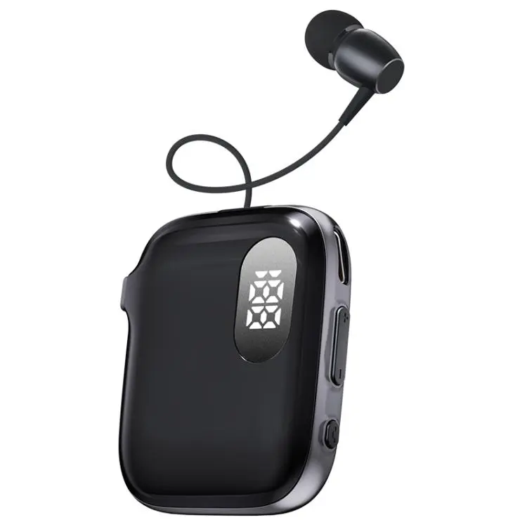 QRSC-K91 AI Edition Lavalier LED Digital Display Bluetooth Earphone with 32cm Retractable Cable(Black Silver)