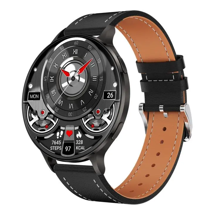 QS07 1.75 inch AMOLED Round Screen Smart Watch, Black Leather Strap, Support Health Monitoring