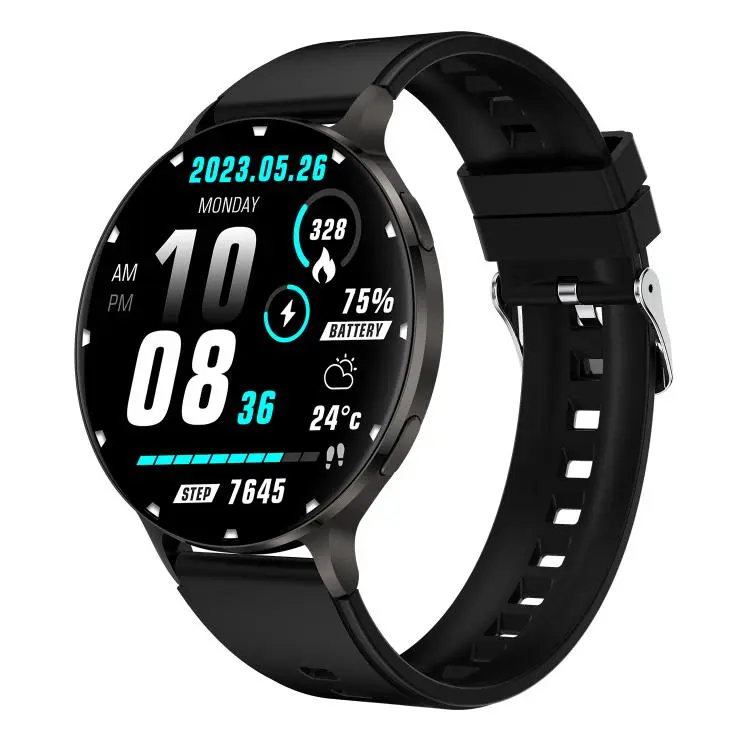 QS07 1.75 inch AMOLED Round Screen Smart Watch, Black Silicone Strap, Support Health Monitoring