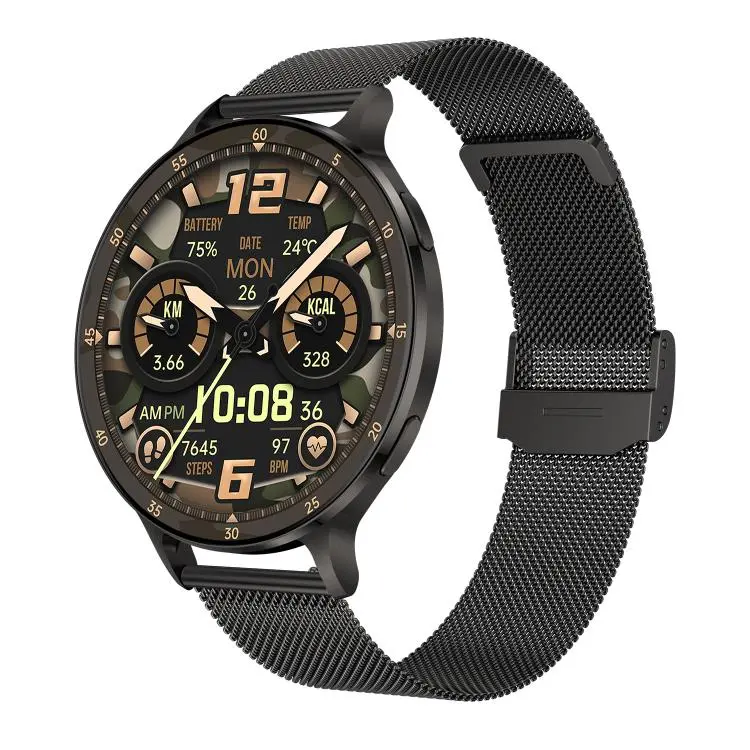 QS07 1.75 inch AMOLED Round Screen Smart Watch, Black Steel Strap, Support Health Monitoring