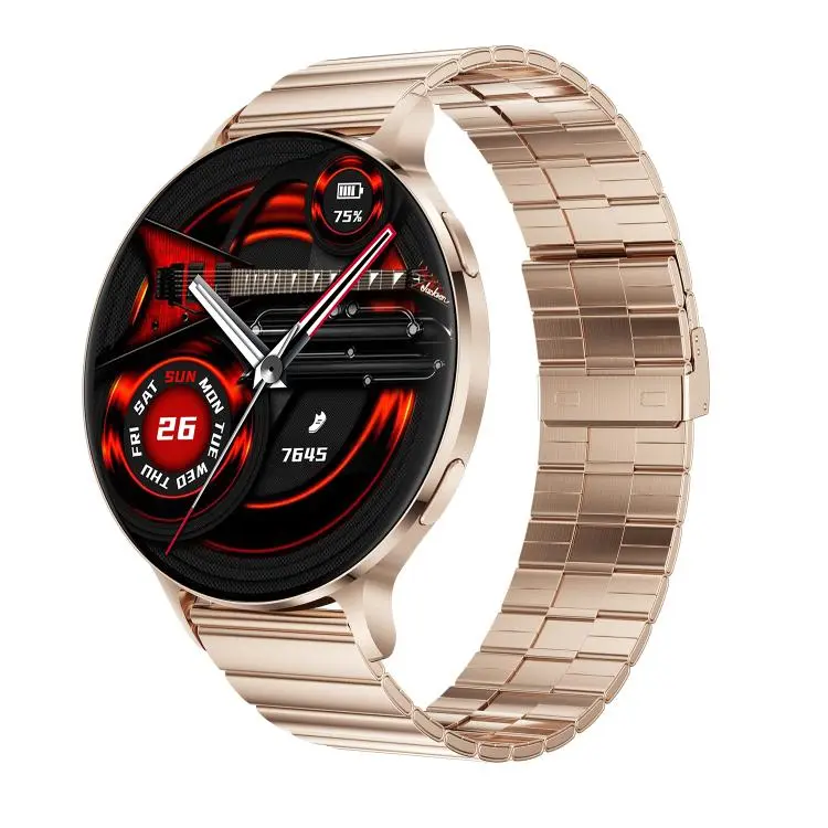 QS07 1.75 inch AMOLED Round Screen Smart Watch, Gold Bamboo Strap, Support Health Monitoring