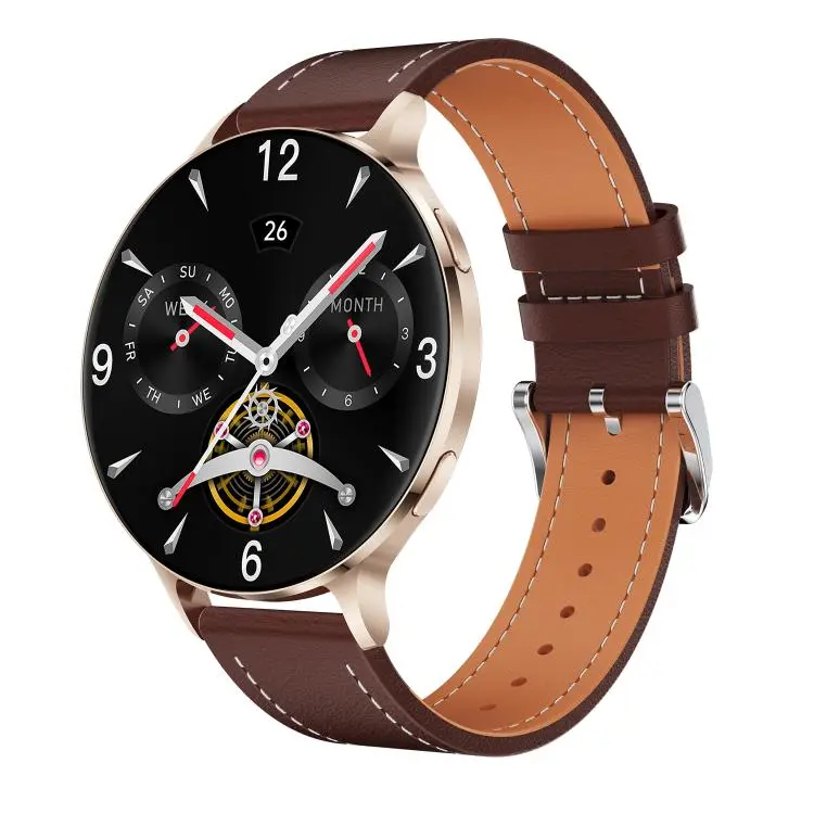 QS07 1.75 inch AMOLED Round Screen Smart Watch, Gold Leather Strap, Support Health Monitoring