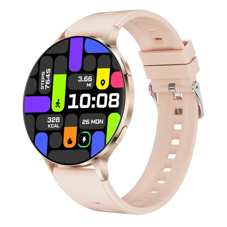 QS07 1.75 inch AMOLED Round Screen Smart Watch, Gold Silicone Strap, Support Health Monitoring