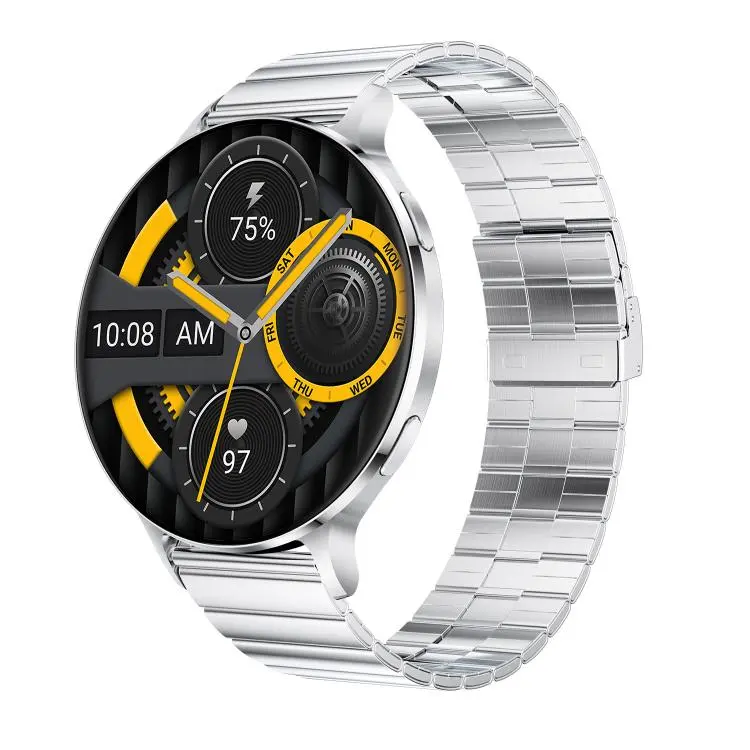 QS07 1.75 inch AMOLED Round Screen Smart Watch, Silver Bamboo Strap, Support Health Monitoring