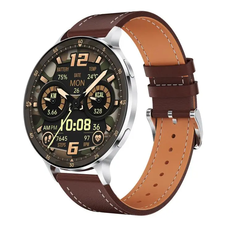 QS07 1.75 inch AMOLED Round Screen Smart Watch, Silver Leather Strap, Support Health Monitoring