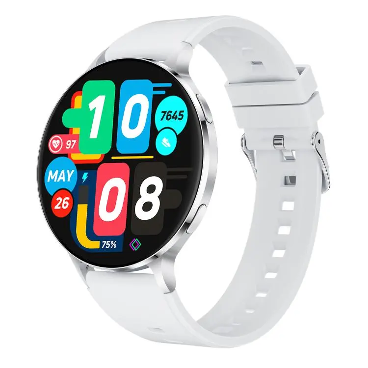 QS07 1.75 inch AMOLED Round Screen Smart Watch, Silver Silicone Strap, Support Health Monitoring