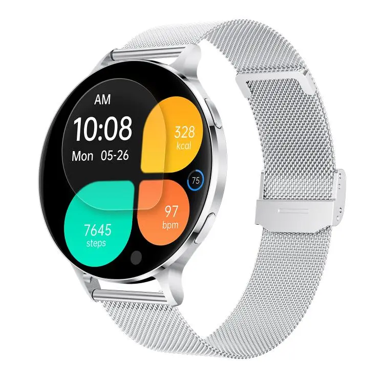 QS07 1.75 inch AMOLED Round Screen Smart Watch, Silver Steel Strap, Support Health Monitoring