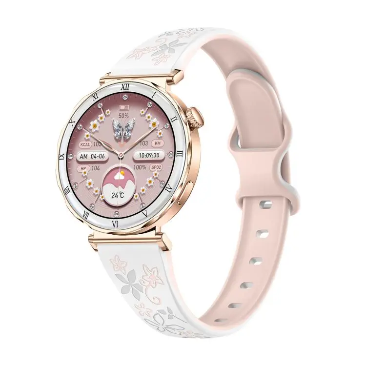 QS22 1.19-inch AMOLED Display Women Smart Sports Watch(Gold Case Pink White Silicone Strap)