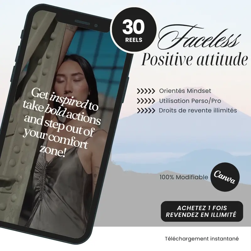 Reels Faceless 30 vidéos positive attitude PLR prêtes à inspirer