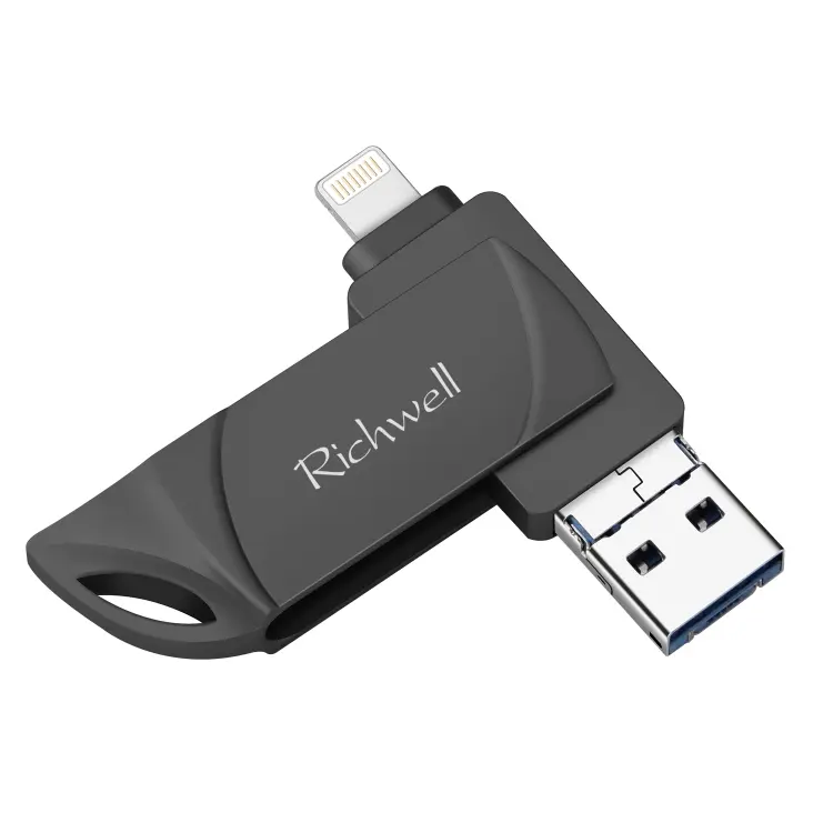 Richwell DXZ128 USB Flash Disk 128G 3 in 1 Micro USB + 8 Pin + USB 3.0 Compatible IPhone & IOS(Black)