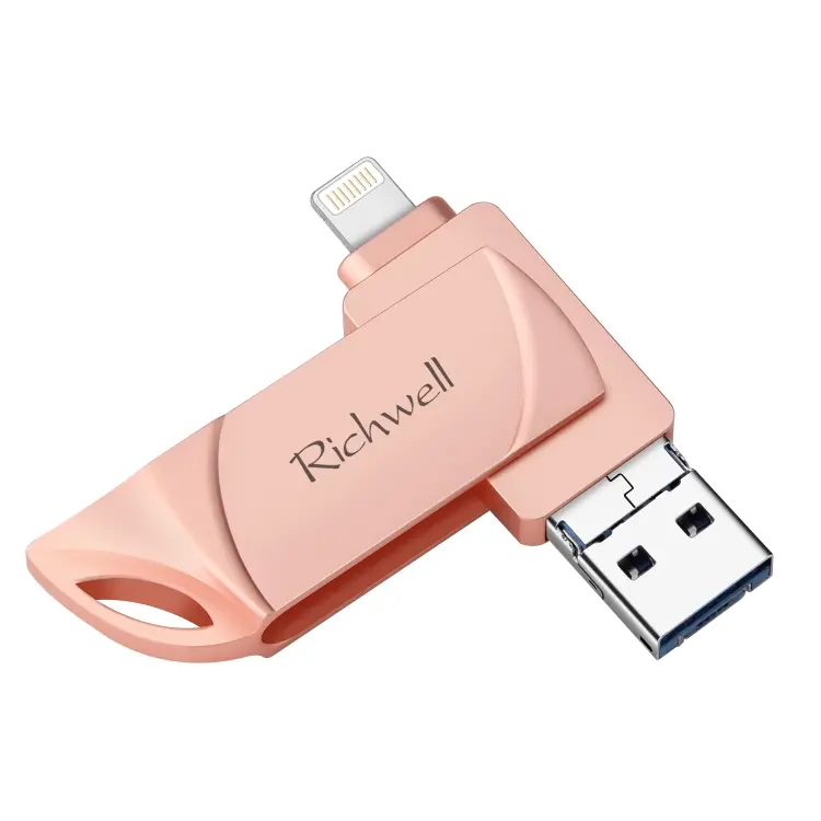 Richwell DXZ128 USB Flash Disk 128G 3 in 1 Micro USB + 8 Pin + USB 3.0 Compatible IPhone & IOS(Rose Gold)
