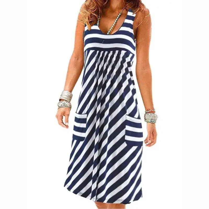 Robe d'Été Marinière Sans Manches avec Poches
