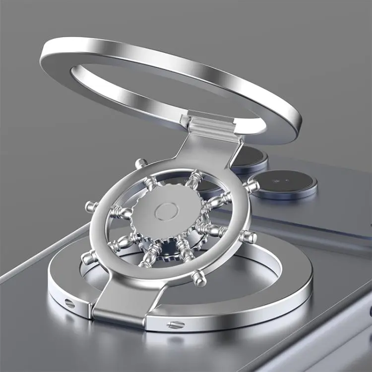 Ship Wheel Gyro Spinner 360-degree Rotating Foldable Double-Sided Magnetic Phone Holder(Silver)