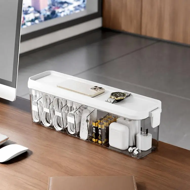Stackable Cable Organizer Box with Lid Slim Plastic Storage Box with Multi-Compartments for Desk Cords, Clear Vanity & Cosmetic Drawer Organizer(White)