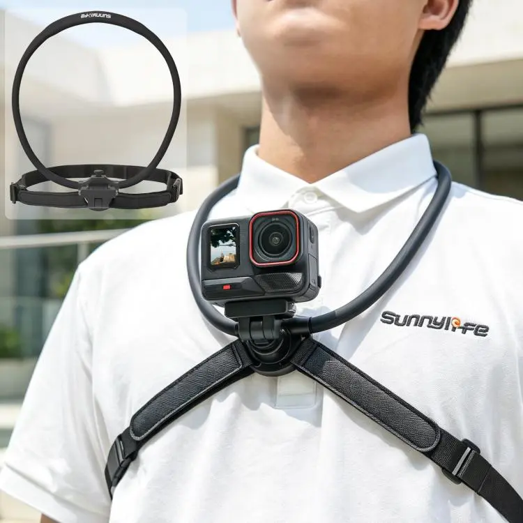 Sunnylife Magnetic POV Neck Mount Hand Free Video Vlog Neck Adjustable Selfie Holder with Body Strap For Insta360 X4 Air / X5 / Ace Pro 2 / 1 / Ace (Black)