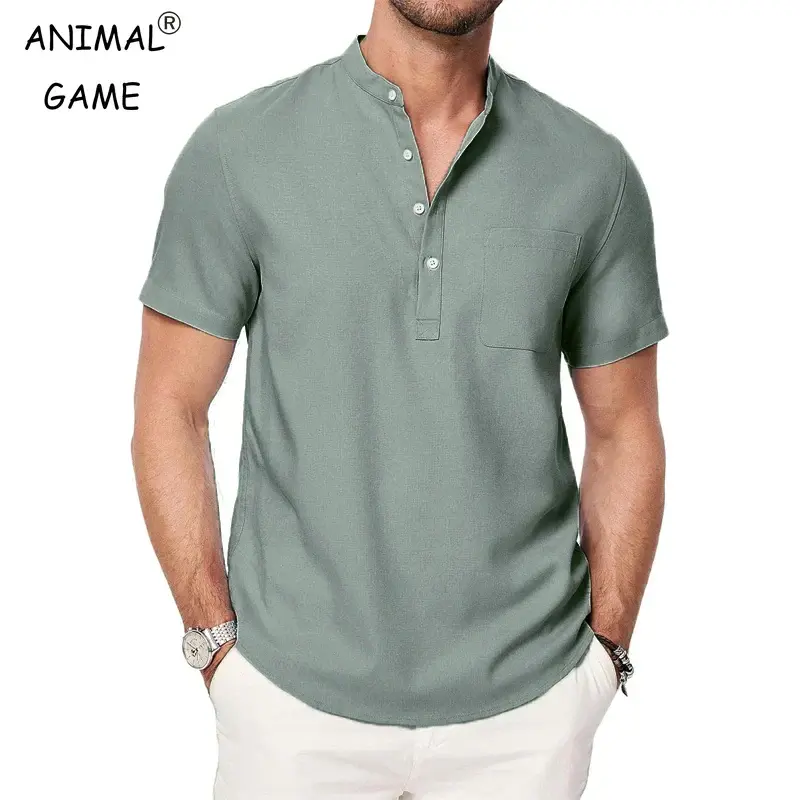 T-shirt Style Chemise à Col Mao avec Poche