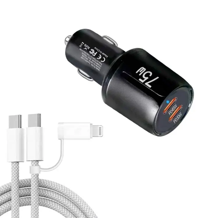 TE-P66 75W Type-C x 2 Dual-Port Fast Charging Car Charger with Type-C to Type-C / 8-Pin Data Cable(Black)