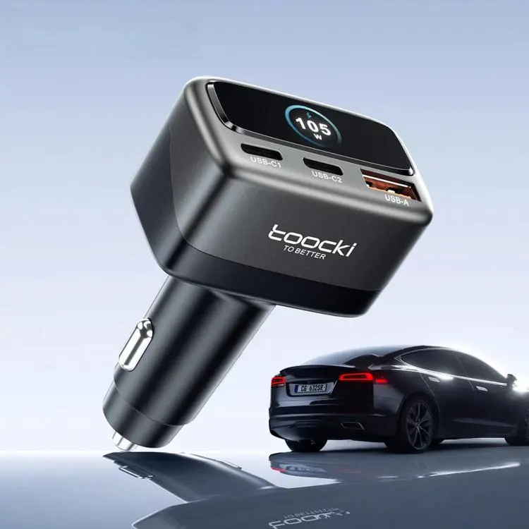 Toocki 105W USB-C Car Charger 3-Port 1xUSB-A & 2xUSB-C with Color LCD Power Display(Grey)