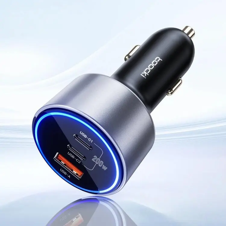 Toocki 200W Fast Car Charger 3-Port Dual 100W USB-C & 18W USB-A PD Adapter with LED Ring Light(Black)