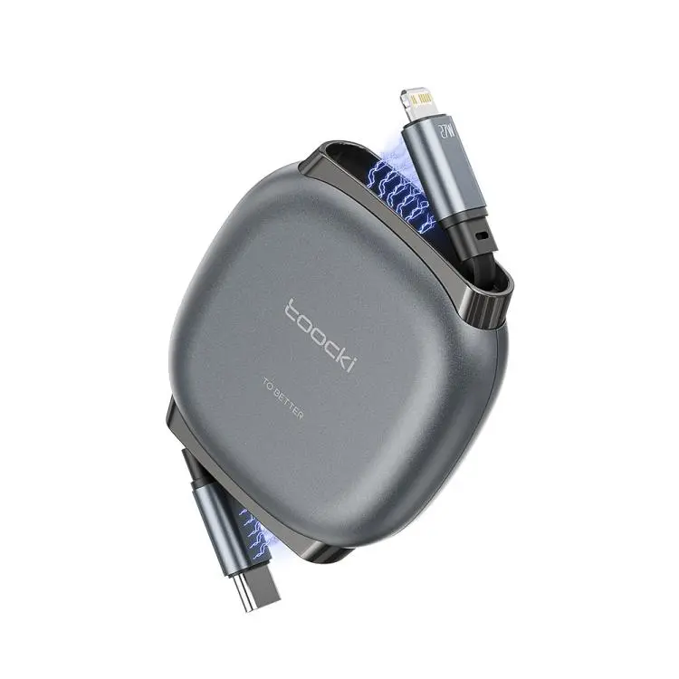 Toocki 27W USB-C/Type-C to 8 Pin Retractable Cable Flat Multi-Length Charging Cord, Cable Length 1m