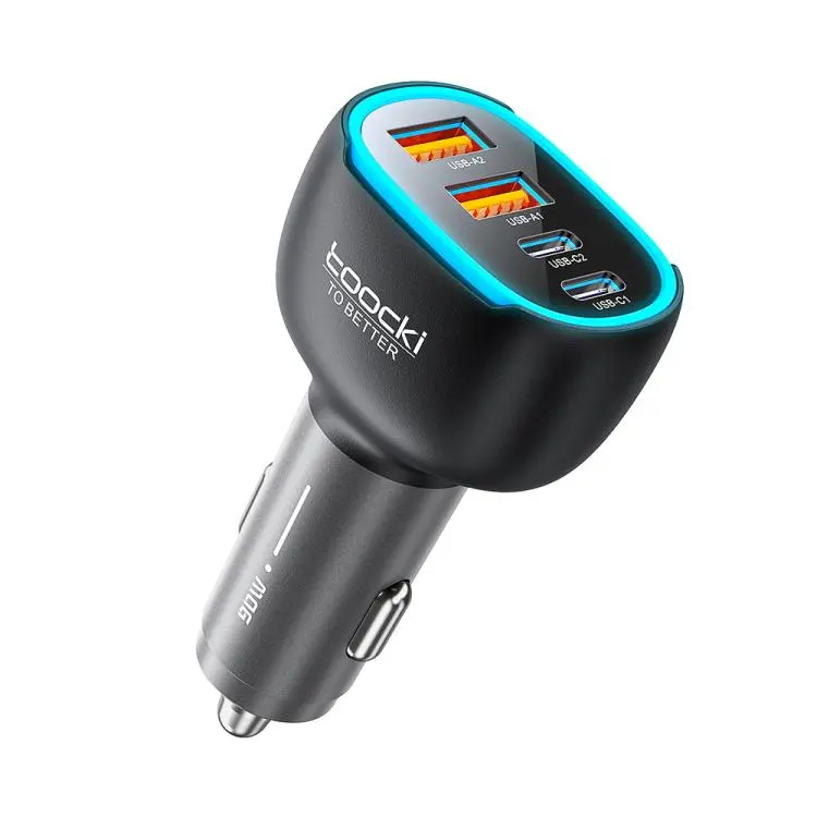 Toocki 90W 4-Port Zinc Alloy Car Charger 2x USB-A, 2x USB-C with Ambient Light(Black)