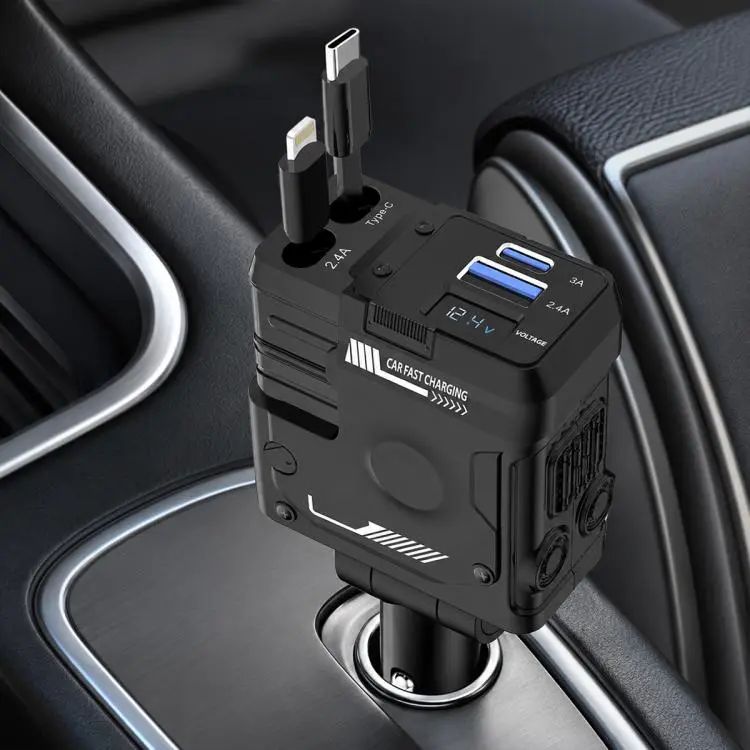 Type-C, USB-A Dual Port Mecha Style Car Charger with Type-C and 8 Pin Retractable Cable(Black)