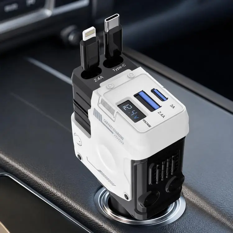 Type-C, USB-A Dual Port Mecha Style Car Charger with Type-C and 8 Pin Retractable Cable(White)