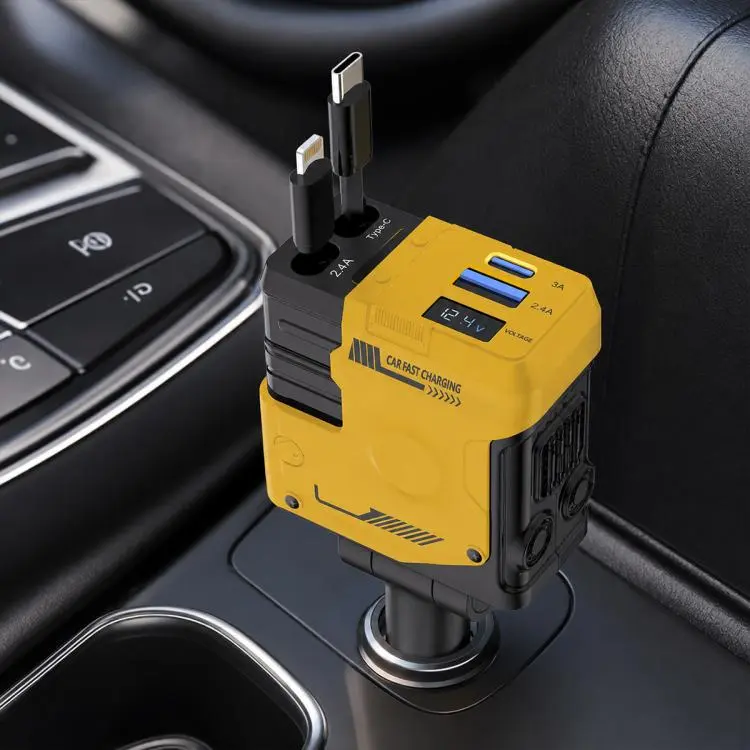 Type-C, USB-A Dual Port Mecha Style Car Charger with Type-C and 8 Pin Retractable Cable(Yellow)