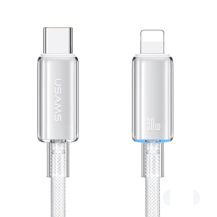 USAMS Type-C To 8 Pin Aluminum Alloy Clear LED 30W PD Fast Charge Data Cable, Length
