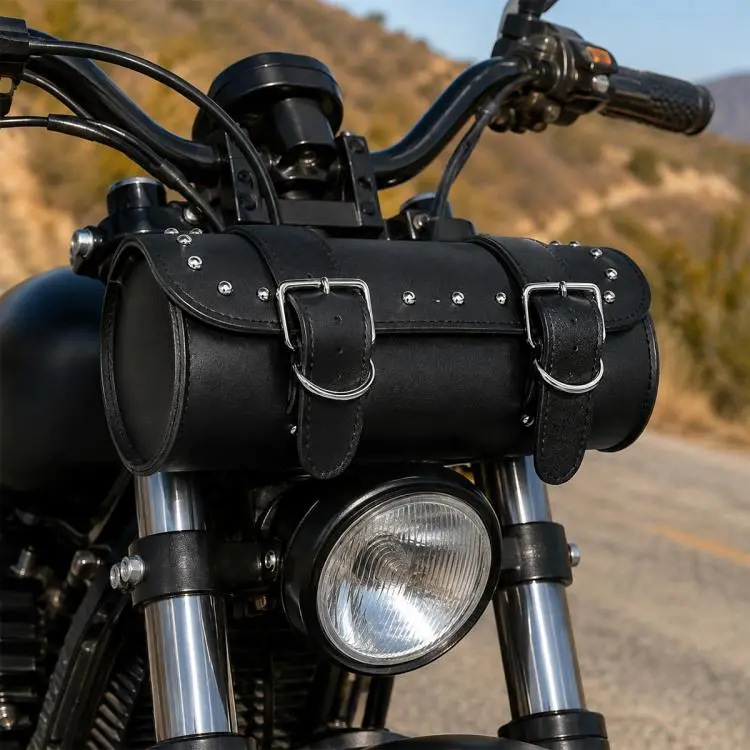 Vintage Leather Handlebar Hanging Bag for Motorcycles and Electric Bikes(Black)