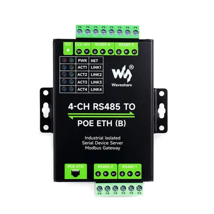 WAVESHARE 4-Ch RS485 To RJ45 Ethernet Serial Server, 4 Channels RS485 Independent Operation, Rail-mount Industrial Isolated Serial Module, Spec