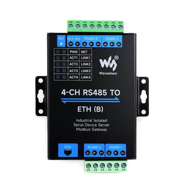 WAVESHARE 4-Ch RS485 To RJ45 Ethernet Serial Server, 4 Channels RS485 Independent Operation, Rail-mount Industrial Isolated Serial Module, Spec