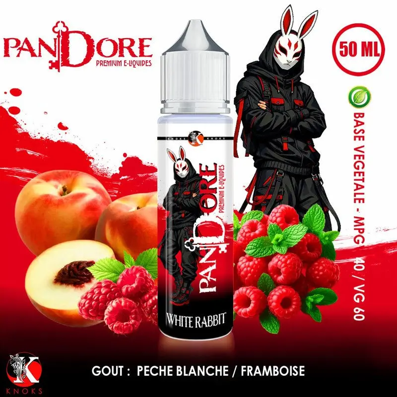 White Rabbit 50ml Pandore - Knoks - Pêche Blanche Framboise Extra Frais 0mg