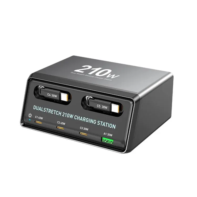 WXL-60E 210W 6-in-1 Desktop Multi Ports Charging Station Built-in Dual Telescopic Cables(EU Plug)