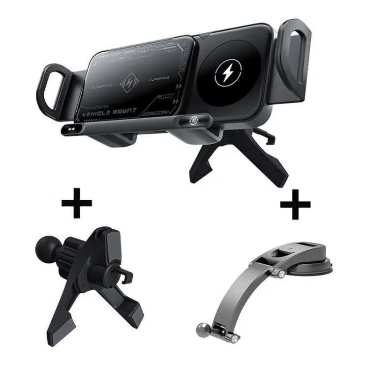 X01 2 In 1 Car Dual Coil 15W Wireless Charger Rotating Navigation Bracket Bracket + Air Vent Base + Dashboard Base(Black)