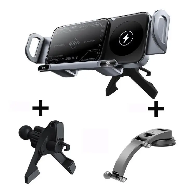 X01 2 In 1 Car Dual Coil 15W Wireless Charger Rotating Navigation Bracket Bracket + Air Vent Base + Dashboard Base(Grey)