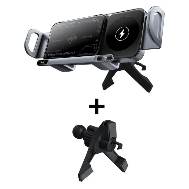 X01 2 In 1 Car Dual Coil 15W Wireless Charger Rotating Navigation Bracket Bracket + Air Vent Base(Grey)