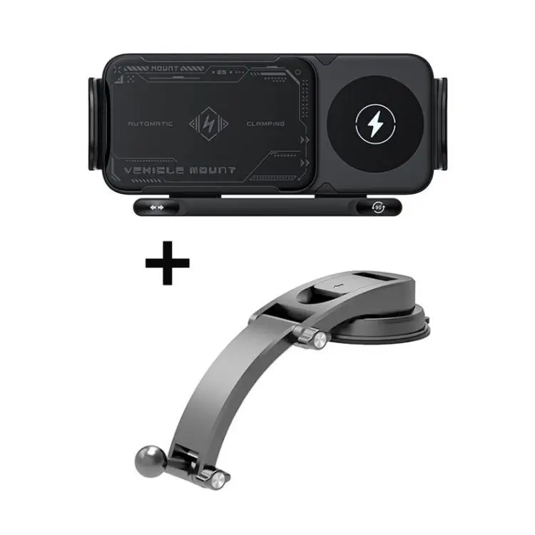 X01 2 In 1 Car Dual Coil 15W Wireless Charger Rotating Navigation Bracket Bracket + Dashboard Base(Grey)