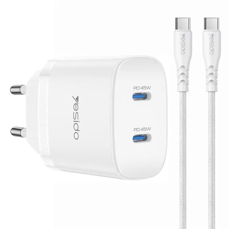 Yesido PD45W Dual Type-C Fast Charger Kit with Type-C to Type-C Cable, Plug