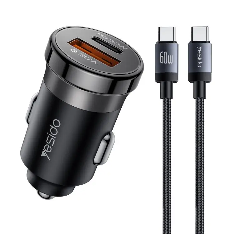 Yesido Y72 30W USB-A Type-C Dual Ports Car Charger with Type-C to Type-C Cable(Black)
