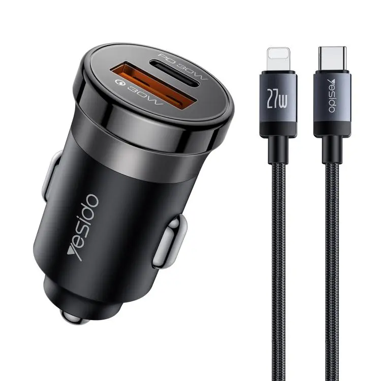 Yesido Y73 30W USB-A Type-C Dual Ports Car Charger with Type-C to 8 Pin Cable(Black)