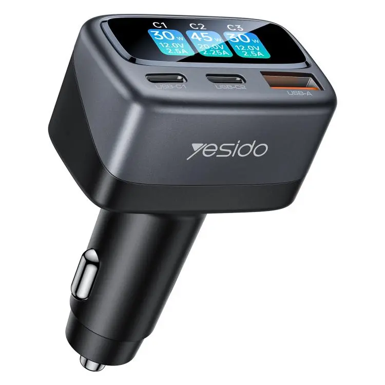 Yesido Y75 105W TFT Display Car Charger 3-Port 1 x USB-A & 2 x Type-C Fast Charging Car Adapter (Black)