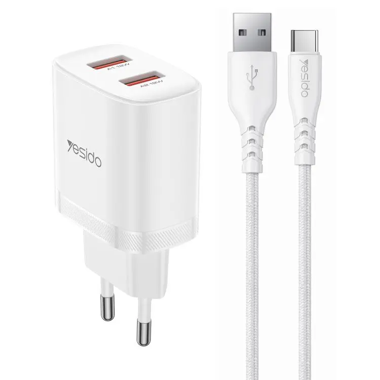 Yesido YC104 12W 2.4A USB Dual Ports Charger Set with 1m USB to Type-C Data Cable, EU Plug(White)
