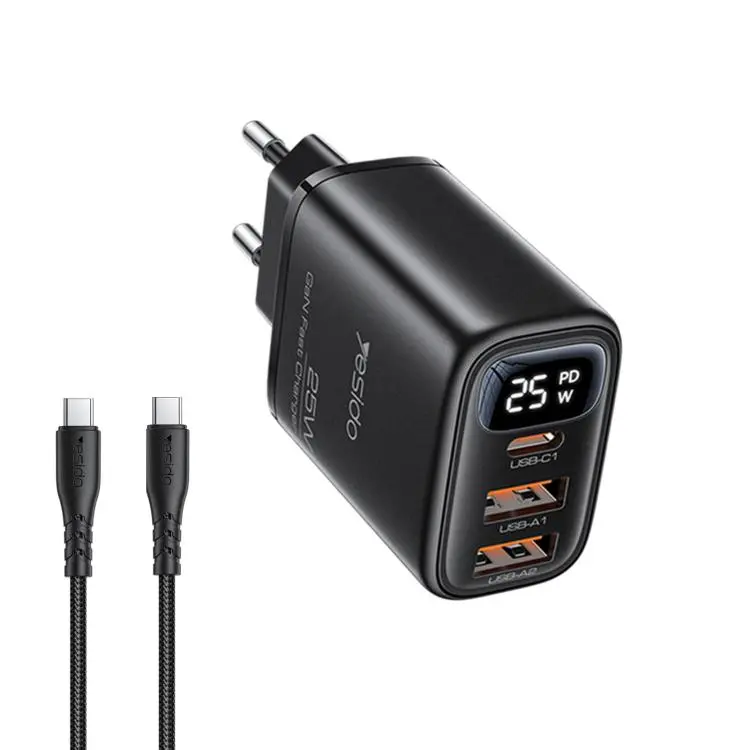 Yesido YC120C 25W Three-ports Digital Display Charger with USB-C / Type-C to USB-C / Type-C Cable, Plug
