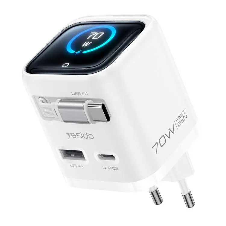 Yesido YC123 70W GaN TFT Display Fast Charger with Retractable Type-C Cable, Plug