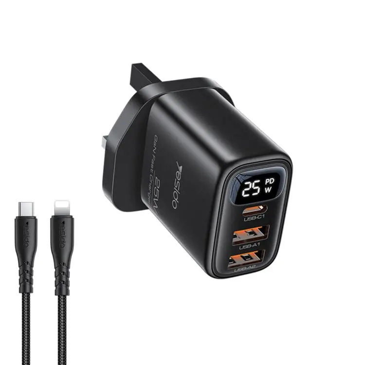Yesido YC163L 25W Three-ports Digital Display Charger with USB-C / Type-C to 8 Pin Cable, Plug