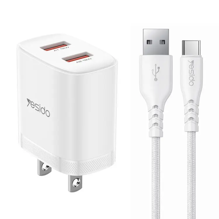 Yesido YC17U 12W 2.4A USB Dual Ports Charger Set with 1m USB to Type-C Data Cable, US Plug(White)
