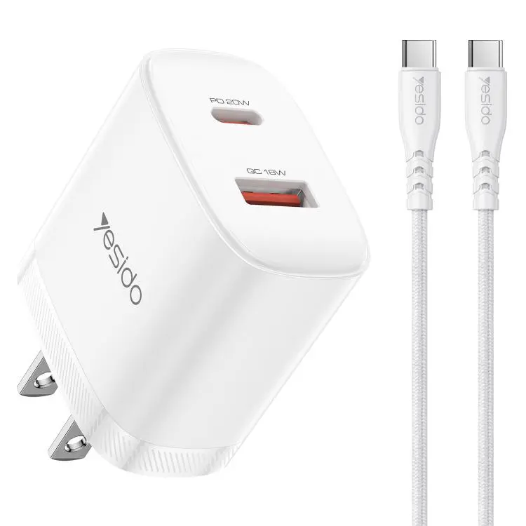 Yesido YC19U PD20W USB-C / Type-C and QC18W USB-A Dual Ports Charger Set with Type-C to Type-C Cable, US Plug(White)
